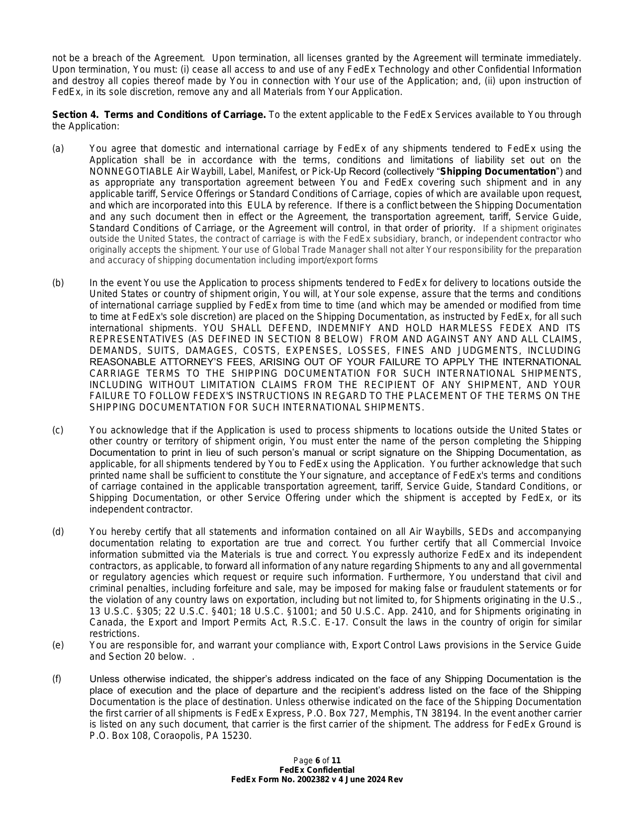 FedEx End User License Agreement (3rd Party Hosted) — page 6 of 11