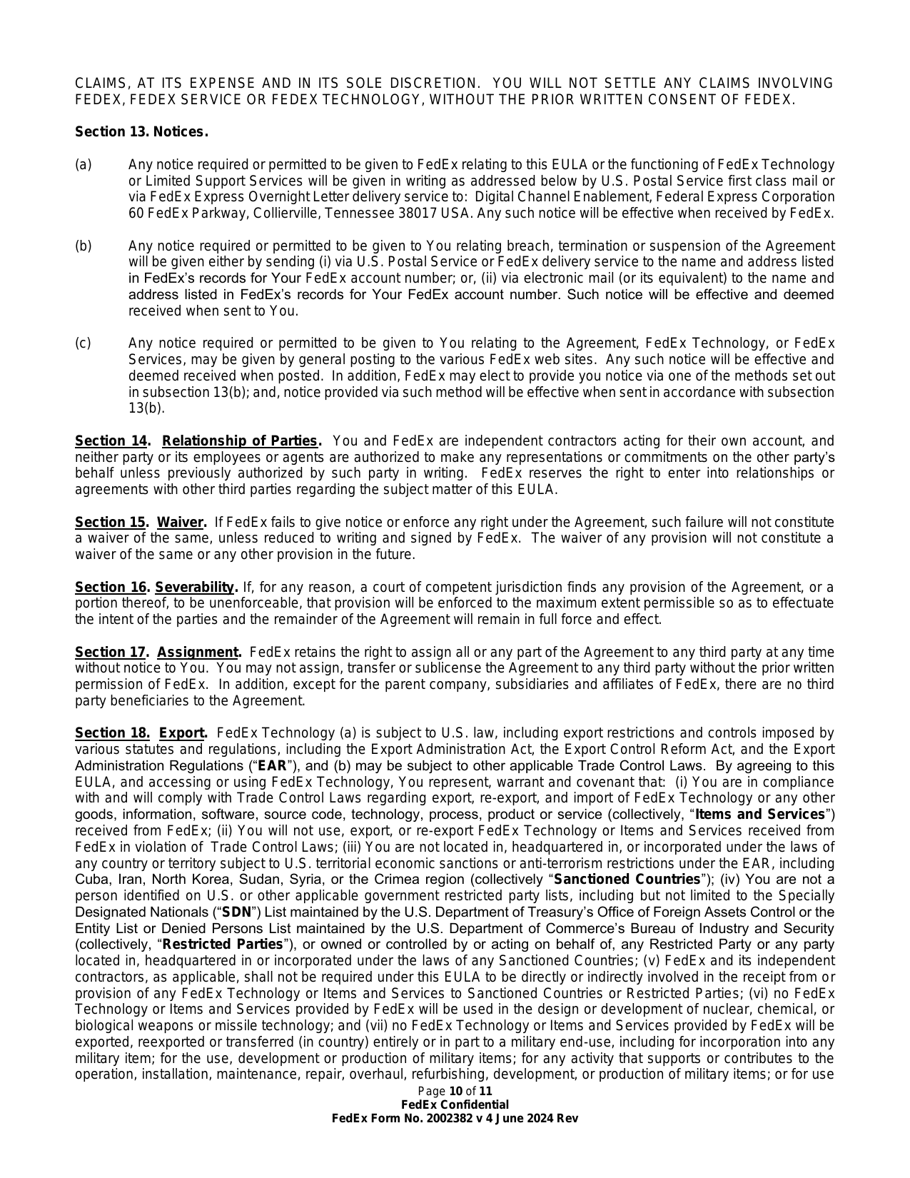 FedEx End User License Agreement (3rd Party Hosted) — page 10 of 11
